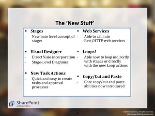 © DEVintersection. All rights reserved. 
The ‘New Stuff’ 
14 http://www.DEVintersection.com 
 Stages 
• New base level concept of 
stages 
 Visual Designer 
• Direct Visio incorporation 
• Stage-Level Diagrams 
 New Task Actions 
• Quick and easy to create 
tasks and approval 
processes 
 Web Services 
• Able to call into 
Rest/HTTP web services 
 Loops! 
• Able now to loop indirectly 
with stages or directly 
with the new Loop actions 
 Copy/Cut and Paste 
• Core copy/cut and paste 
abilities now introduced 
 