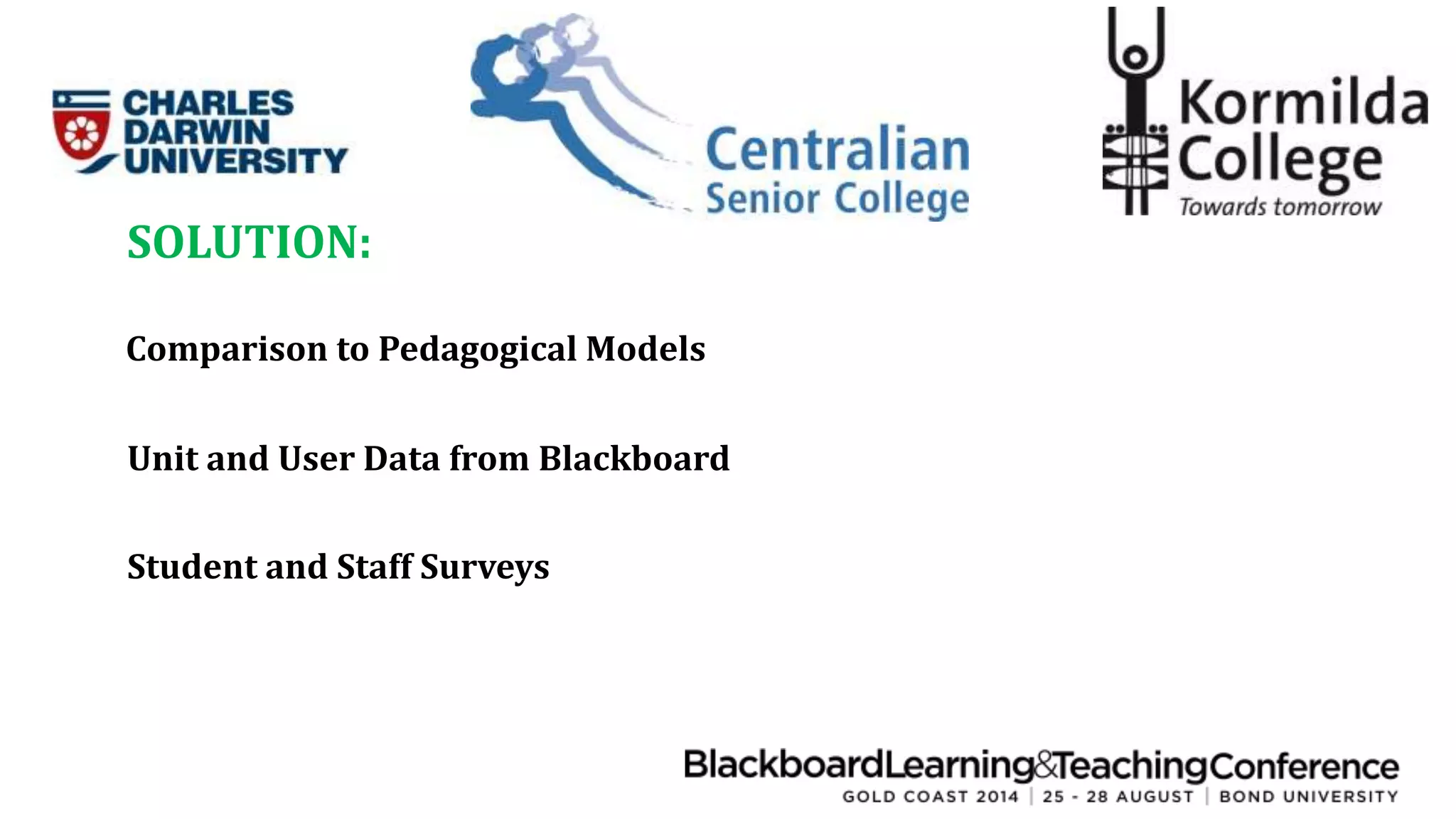 SOLUTION: 
Comparison to Pedagogical Models 
Unit and User Data from Blackboard 
Student and Staff Surveys 
 
