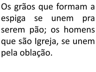 Os grãos que formam a
espiga se unem pra
serem pão; os homens
que são Igreja, se unem
pela oblação.
 