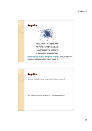 2014-­‐09-­‐12	
  
29	
  
Negation
57
An Empirical Study on the Effect of Negation Words on Sentiment. Xiaodan Zhu, Hongyu Guo,
Saif Mohammad and Svetlana Kiritchenko. In Proceedings of the 52nd Annual Meeting of the
Association for Computational Linguistics, June 2014, Baltimore, MD.
Negation
58
Jack was not thrilled at the prospect of working weekends L
The bill is not garbage, but we need a more focused effort L
 