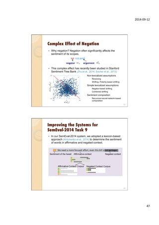 2014-­‐09-­‐12	
  
47	
  
Complex Effect of Negation
—  Why negation? Negation often significantly affects the
sentiment of its scopes.
—  This complex effect has recently been studied in Stanford
Sentiment Tree Bank (Zhu et al., 2014; Socher et al., 2013)
93
negator argument
not very good
◦  Non-lexicalized assumptions
◦  Reversing
◦  Shifting, Polarity-based shifting
◦  Simple lexicalized assumptions
◦  Negator-based shifting
◦  Combined shifting
◦  Sentiment composition
◦  Recursive-neural-network-based
composition
Improving the Systems for
SemEval-2014 Task 9
—  In our SemEval-2014 system, we adopted a lexicon-based
approach (Kiritchenko et al., 2014) to determine the sentiment
of words in affirmative and negated context.
94
 