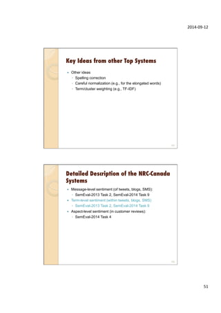 2014-­‐09-­‐12	
  
51	
  
Key Ideas from other Top Systems
—  Other ideas
◦  Spelling correction
◦  Careful normalization (e.g., for the elongated words)
◦  Term/cluster weighting (e.g., TF-IDF)
101
Detailed Description of the NRC-Canada
Systems
—  Message-level sentiment (of tweets, blogs, SMS):
◦  SemEval-2013 Task 2, SemEval-2014 Task 9
—  Term-level sentiment (within tweets, blogs, SMS)
◦  SemEval-2013 Task 2, SemEval-2014 Task 9
—  Aspect-level sentiment (in customer reviews):
◦  SemEval-2014 Task 4
102
 