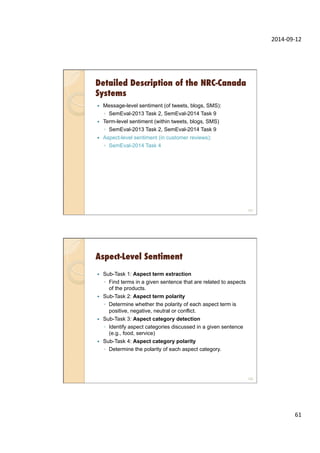2014-­‐09-­‐12	
  
61	
  
Detailed Description of the NRC-Canada
Systems
—  Message-level sentiment (of tweets, blogs, SMS):
◦  SemEval-2013 Task 2, SemEval-2014 Task 9
—  Term-level sentiment (within tweets, blogs, SMS)
◦  SemEval-2013 Task 2, SemEval-2014 Task 9
—  Aspect-level sentiment (in customer reviews):
◦  SemEval-2014 Task 4
121
Aspect-Level Sentiment
—  Sub-Task 1: Aspect term extraction
◦  Find terms in a given sentence that are related to aspects
of the products.
—  Sub-Task 2: Aspect term polarity
◦  Determine whether the polarity of each aspect term is
positive, negative, neutral or conflict.
—  Sub-Task 3: Aspect category detection
◦  Identify aspect categories discussed in a given sentence
(e.g., food, service)
—  Sub-Task 4: Aspect category polarity
◦  Determine the polarity of each aspect category.
122
 