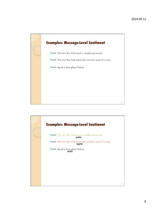 2014-­‐09-­‐12	
  
8	
  
Examples: Message-Level Sentiment
Tweet: The new Star Trek movie is visually spectacular.
Tweet: The new Star Trek movie does not have much of a story.
Tweet: Spock is from planet Vulcan.
15
Examples: Message-Level Sentiment
Tweet: The new Star Trek movie is visually spectacular.
Tweet: The new Star Trek movie does not have much of a story.
Tweet: Spock is from planet Vulcan.
16
negative
neutral
positive
 