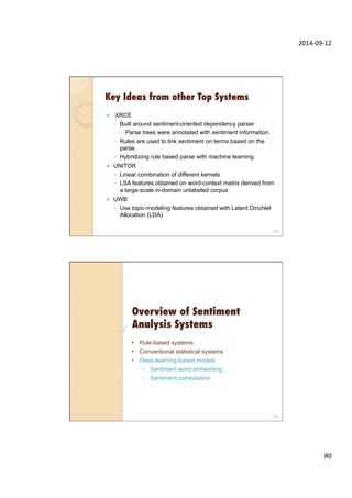 2014-­‐09-­‐12	
  
80	
  
Key Ideas from other Top Systems
—  XRCE
◦  Built around sentiment-oriented dependency parser
–  Parse trees were annotated with sentiment information.
◦  Rules are used to link sentiment on terms based on the
parse.
◦  Hybridizing rule based parse with machine learning.
—  UNITOR
◦  Linear combination of different kernels
◦  LSA features obtained on word-context matrix derived from
a large-scale in-domain unlabeled corpus
—  UWB
◦  Use topic-modeling features obtained with Latent Dirichlet
Allocation (LDA)
159
Overview of Sentiment
Analysis Systems
160
•  Rule-based systems
•  Conventional statistical systems
•  Deep-learning-based models
◦  Sentiment word embedding
◦  Sentiment composition
 
