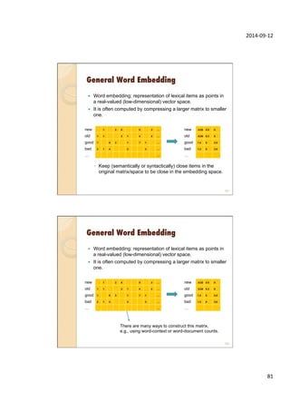 2014-­‐09-­‐12	
  
81	
  
General Word Embedding
—  Word embedding: representation of lexical items as points in
a real-valued (low-dimensional) vector space.
—  It is often computed by compressing a larger matrix to smaller
one.
◦  Keep (semantically or syntactically) close items in the
original matrix/space to be close in the embedding space.
161
new 1 2 6 9 3 …
old 1 1 2 1 4 2 …
good 1 6 3 1 7 1 …
bad 2 1 4 2 3 …
… …
new -0.03 0.5 0
old -0.04 0.3 0
good 1.4 0 2.5
bad 1.3 0 3.6
…
General Word Embedding
—  Word embedding: representation of lexical items as points in
a real-valued (low-dimensional) vector space.
—  It is often computed by compressing a larger matrix to smaller
one.
162
new 1 2 6 9 3 …
old 1 1 2 1 4 2 …
good 1 6 3 1 7 1 …
bad 2 1 4 2 3 …
… …
new -0.03 0.5 0
old -0.04 0.3 0
good 1.4 0 2.5
bad 1.3 0 3.6
…
There are many ways to construct this matrix,
e.g., using word-context or word-document counts.
 