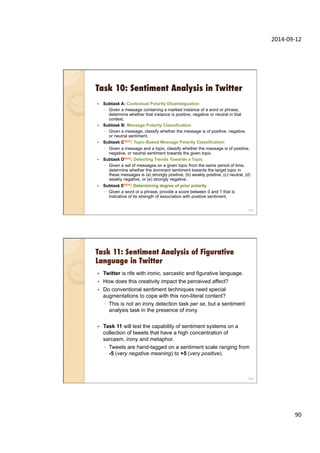 2014-­‐09-­‐12	
  
90	
  
Task 10: Sentiment Analysis in Twitter
—  Subtask A: Contextual Polarity Disambiguation
◦  Given a message containing a marked instance of a word or phrase,
determine whether that instance is positive, negative or neutral in that
context.
—  Subtask B: Message Polarity Classification
◦  Given a message, classify whether the message is of positive, negative,
or neutral sentiment.
—  Subtask CNEW: Topic-Based Message Polarity Classification
◦  Given a message and a topic, classify whether the message is of positive,
negative, or neutral sentiment towards the given topic.
—  Subtask DNEW: Detecting Trends Towards a Topic
◦  Given a set of messages on a given topic from the same period of time,
determine whether the dominant sentiment towards the target topic in
these messages is (a) strongly positive, (b) weakly positive, (c) neutral, (d)
weakly negative, or (e) strongly negative.
—  Subtask ENEW: Determining degree of prior polarity
◦  Given a word or a phrase, provide a score between 0 and 1 that is
indicative of its strength of association with positive sentiment.
179
Task 11: Sentiment Analysis of Figurative
Language in Twitter
—  Twitter is rife with ironic, sarcastic and figurative language.
—  How does this creativity impact the perceived affect?
—  Do conventional sentiment techniques need special
augmentations to cope with this non-literal content?
◦  This is not an irony detection task per se, but a sentiment
analysis task in the presence of irony.
—  Task 11 will test the capability of sentiment systems on a
collection of tweets that have a high concentration of
sarcasm, irony and metaphor.
◦  Tweets are hand-tagged on a sentiment scale ranging from
-5 (very negative meaning) to +5 (very positive).
180
 