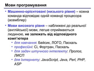 Мови програмування
• Машинно-орієнтовані (низького рівня) – кожна
команда відповідає одній команді процесора
(асемблер)
• Мови високого рівня – наближені до реальної
(англійської) мови, легше сприймаються
людиною, не залежать від відповідного
комп’ютера
• для навчання: Бейсик, ЛОГО, Паскаль
• професійні: Сі, Фортран, Паскаль
• для задач штучного інтелекту: Пролог,
ЛИСП
• для Інтернету: JavaScript, Java, Perl, PHP,
ASP
 