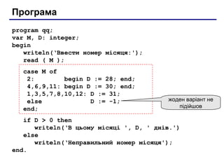 Програма
program qq;
var M, D: integer;
begin
writeln(‘Ввести номер місяця:');
read ( M );
case M of
2: begin D := 28; end;
4,6,9,11: begin D := 30; end;
1,3,5,7,8,10,12: D := 31;
else D := -1;
end;
if D > 0 then
writeln(‘В цьому місяці ', D, ' днів.')
else
writeln(‘Неправильний номер місяця');
end.
жоден варіант не
підійшов
 