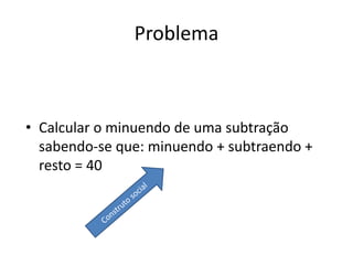 Problema
• Calcular o minuendo de uma subtração
sabendo-se que: minuendo + subtraendo +
resto = 40
 