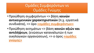 Ομάδες Συμφερόντων vs
Ομάδες Γνώμης
• Προώθηση συμφερόντων => βάση κοινών
αντικειμενικών χαρακτηριστικών (π.χ. εργατικά
συνδικάτα), => όρο «ομάδες συμφερόντων»
• Προώθηση αιτημάτων => βάση κοινών αξιών και
αντιλήψεων, (ενώσεων καταναλωτών ή των
οικολογικών οργανώσεων), => ο όρος «ομάδες
γνώμης»
 