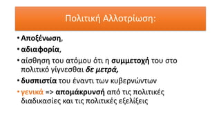 Πολιτική Αλλοτρίωση:
• Αποξένωση,
• αδιαφορία,
• αίσθηση του ατόμου ότι η συμμετοχή του στο
πολιτικό γίγνεσθαι δε μετρά,
• δυσπιστία του έναντι των κυβερνώντων
• γενικά => απομάκρυνσή από τις πολιτικές
διαδικασίες και τις πολιτικές εξελίξεις
 