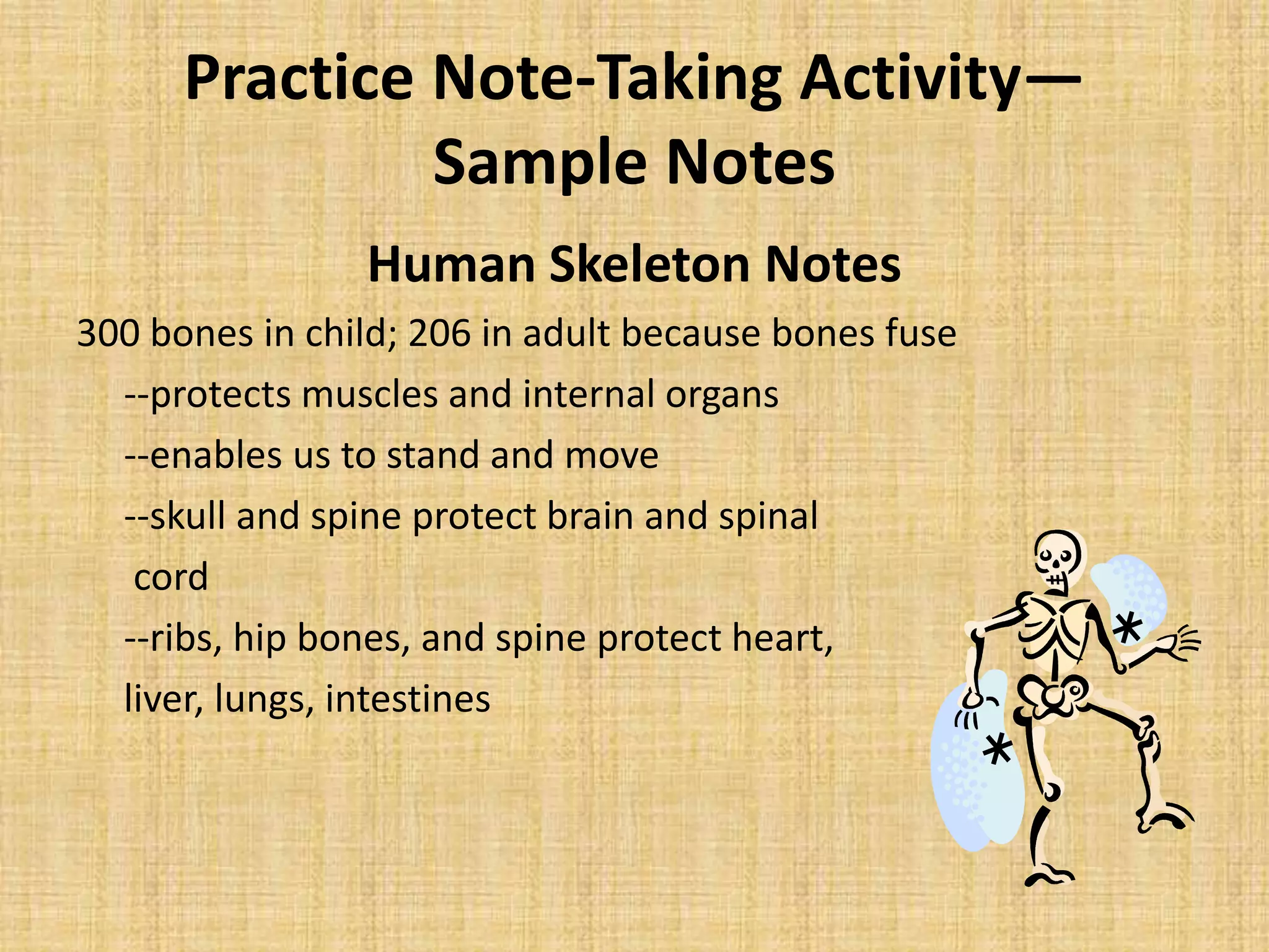 Practice Note-Taking Activity—
Sample Notes
Human Skeleton Notes
300 bones in child; 206 in adult because bones fuse
--protects muscles and internal organs
--enables us to stand and move
--skull and spine protect brain and spinal
cord
--ribs, hip bones, and spine protect heart,
liver, lungs, intestines
 