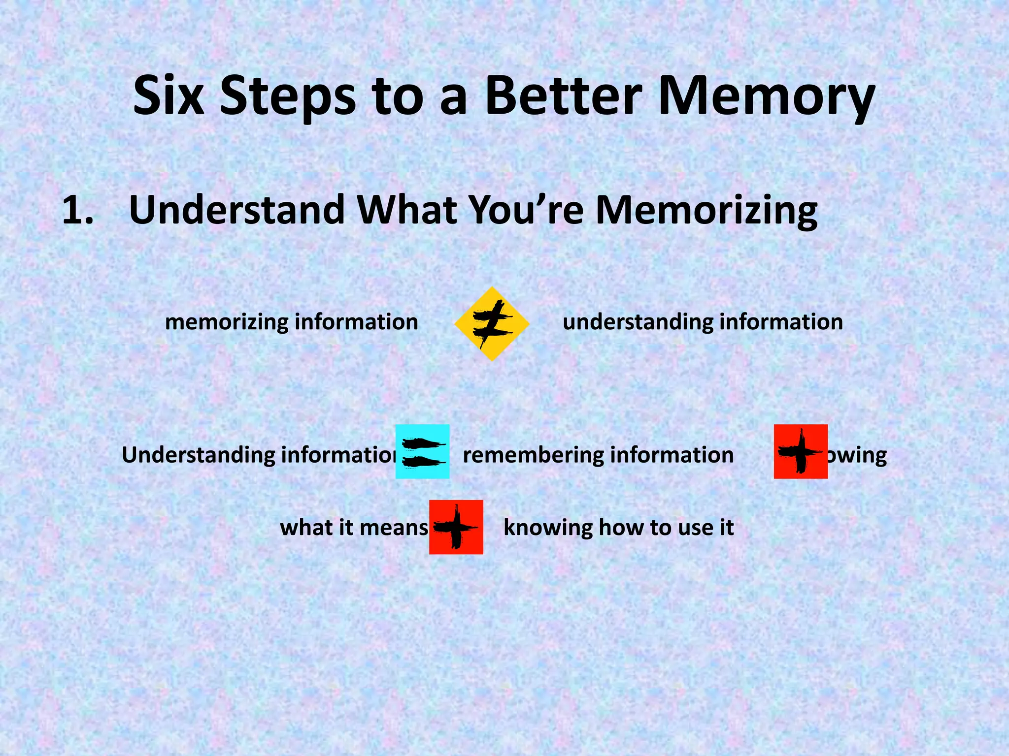 Six Steps to a Better Memory
1. Understand What You’re Memorizing
memorizing information understanding information
Understanding information remembering information knowing
what it means knowing how to use it
 