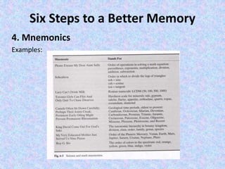 Six Steps to a Better Memory
4. Mnemonics
Examples:
 