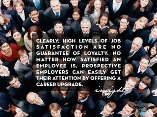 Clearly, high levels of job 
s a t i s f a c t i o n a r e n o 
guarantee of loyalty. No 
matter how satisfied an 
employee is, prospective 
employers can easily get 
their attention by offering a 
career upgrade. 
insight 
 