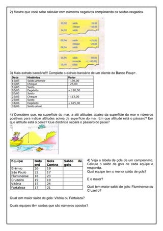 2) Mostre que você sabe calcular com números negativos completando os saldos rasgados
3) Mais extrato bancário!!! Complete o extrato bancário de um cliente do Banco Poup+.
4) Considere que, na superfície do mar, a alti altitudes abaixo da superfície do mar e números
positivos para indicar altitudes acima da superfície do mar. Em que altitude está o pássaro? Em
que altitude está o peixe? Que distância separa o pássaro do peixe?
4) Veja a tabela de gols de um campeonato.
Calcule o saldo de gols de cada equipe e
responda.
Qual equipe tem o menor saldo de gols?
E o maior?
Qual tem maior saldo de gols: Fluminense ou
Cruzeiro?
Qual tem maior saldo de gols: Vitória ou Fortaleza?
Quais equipes têm saldos que são números opostos?
 