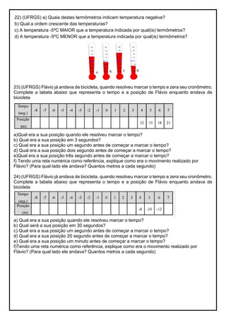 22) (UFRGS) a) Quais destes termômetros indicam temperatura negativa?
b) Qual a ordem crescente das temperaturas?
c) A temperatura -5ºC MAIOR que a temperatura indicada por qual(is) termômetros?
d) A temperatura -5ºC MENOR que a temperatura indicada por qual(is) termômetros?
23) (UFRGS) Flávio já andava de bicicleta, quando resolveu marcar o tempo e zera seu cronômetro.
Complete a tabela abaixo que representa o tempo e a posição de Flávio enquanto andava de
bicicleta
a)Qual era a sua posição quando ele resolveu marcar o tempo?
b) Qual era a sua posição em 3 segundos?
c) Qual era a sua posição um segundo antes de começar a marcar o tempo?
d) Qual era a sua posição dois segundo antes de começar a marcar o tempo?
e)Qual era a sua posição três segundo antes de começar a marcar o tempo?
f) Tendo uma reta numérica como referência, explique como era o movimento realizado por
Flávio? (Para qual lado ele andava? Quantos metros a cada segundo)
24) (UFRGS) Flávio já andava de bicicleta, quando resolveu marcar o tempo e zera seu cronômetro.
Complete a tabela abaixo que representa o tempo e a posição de Flávio enquanto andava de
bicicleta
a) Qual era a sua posição quando ele resolveu marcar o tempo?
b) Qual será a sua posição em 30 segundos?
c) Qual era a sua posição um segundo antes de começar a marcar o tempo?
d) Qual era a sua posição 20 segundo antes de começar a marcar o tempo?
e) Qual era a sua posição um minuto antes de começar a marcar o tempo?
f)Tendo uma reta numérica como referência, explique como era o movimento realizado por
Flávio? (Para qual lado ele andava? Quantos metros a cada segundo)
 