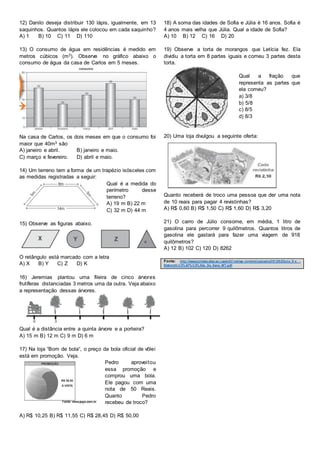12) Danilo deseja distribuir 130 lápis, igualmente, em 13
saquinhos. Quantos lápis ele colocou em cada saquinho?
A) 1 B) 10 C) 11 D) 110
13) O consumo de água em residências é medido em
metros cúbicos (m3). Observe no gráfico abaixo o
consumo de água da casa de Carlos em 5 meses.
Na casa de Carlos, os dois meses em que o consumo foi
maior que 40m3 são
A) janeiro e abril. B) janeiro e maio.
C) março e fevereiro. D) abril e maio.
14) Um terreno tem a forma de um trapézio isósceles com
as medidas registradas a seguir:
Qual é a medida do
perímetro desse
terreno?
A) 19 m B) 22 m
C) 32 m D) 44 m
15) Observe as figuras abaixo.
O retângulo está marcado com a letra
A) X B) Y C) Z D) K
16) Jeremias plantou uma fileira de cinco árvores
frutíferas distanciadas 3 metros uma da outra. Veja abaixo
a representação dessas árvores.
Qual é a distância entre a quinta árvore e a porteira?
A) 15 m B) 12 m C) 9 m D) 6 m
17) Na loja “Bom de bola“, o preço da bola oficial de vôlei
está em promoção. Veja.
Pedro aproveitou
essa promoção e
comprou uma bola.
Ele pagou com uma
nota de 50 Reais.
Quanto Pedro
recebeu de troco?
A) R$ 10,25 B) R$ 11,55 C) R$ 28,45 D) R$ 50,00
18) A soma das idades de Sofia e Júlia é 16 anos. Sofia é
4 anos mais velha que Júlia. Qual a idade de Sofia?
A) 10 B) 12 C) 16 D) 20
19) Observe a torta de morangos que Letícia fez. Ela
dividiu a torta em 8 partes iguais e comeu 3 partes desta
torta.
Qual a fração que
representa as partes que
ela comeu?
a) 3/8
b) 5/8
c) 8/5
d) 8/3
20) Uma loja divulgou a seguinte oferta:
Quanto receberá de troco uma pessoa que der uma nota
de 10 reais para pagar 4 revistinhas?
A) R$ 0,60 B) R$ 1,50 C) R$ 1,60 D) R$ 3,20
21) O carro de Júlio consome, em média, 1 litro de
gasolina para percorrer 9 quilômetros. Quantos litros de
gasolina ele gastará para fazer uma viagem de 918
quilômetros?
A) 12 B) 102 C) 120 D) 8262
Fonte: http://www.portalavaliacao.caedufjf.net/wp-content/uploads/2012/02/Guia_D e_-
Elabora%C3%A7%C3%A3o_De_Itens_MT.pdf
 
