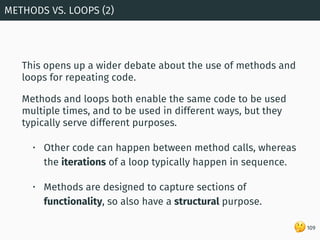 🤔
This opens up a wider debate about the use of methods and
loops for repeating code.
Methods and loops both enable the sa...