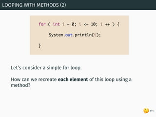 🤔
Let’s consider a simple for loop.
How can we recreate each element of this loop using a
method?
LOOPING WITH METHODS (2)...