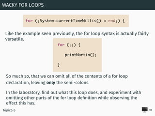 🖥
WACKY FOR LOOPS
93Topic5-5
for (;;) {
printMartin();
}
Like the example seen previously, the for loop syntax is actually...