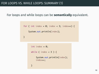 For loops and while loops can be semantically equivalent.
FOR LOOPS VS. WHILE LOOPS: SUMMARY (1)
98
for ( int index = 0; i...