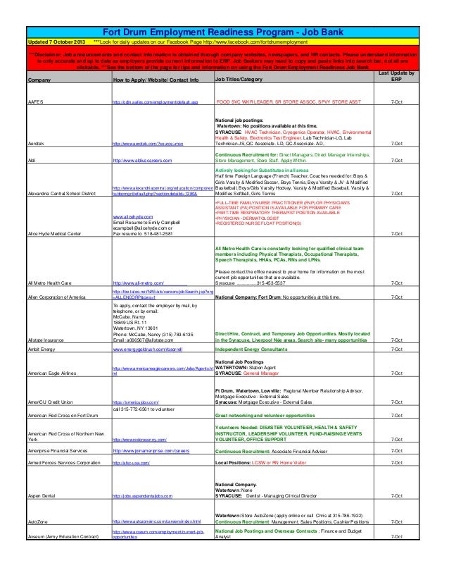 7 October Fort Drum Employment Readiness Program job bank