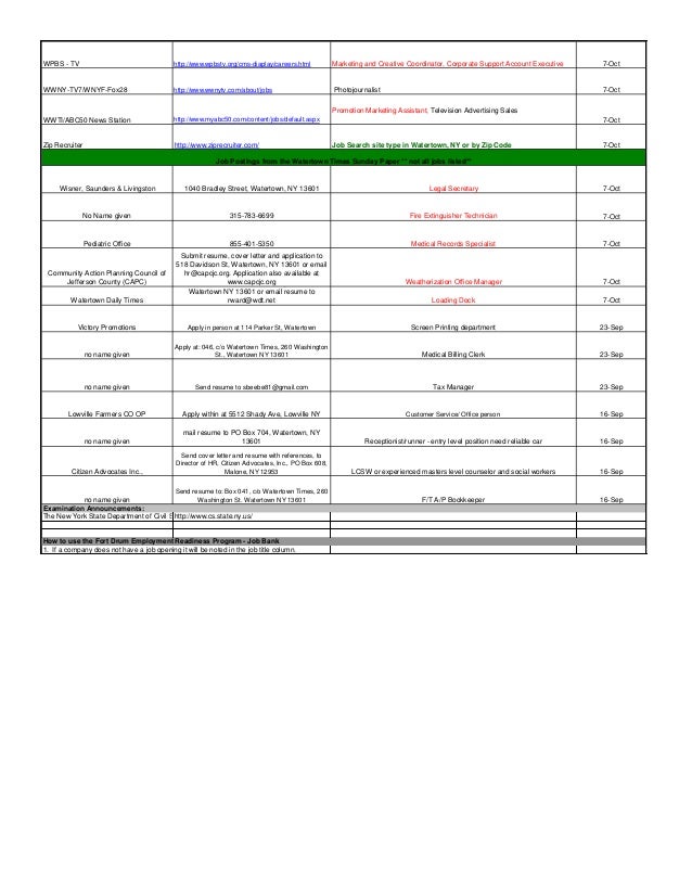 7 October Fort Drum Employment Readiness Program job bank
