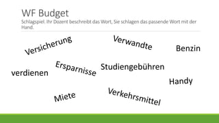 WF Budget
Schlagspiel. Ihr Dozent beschreibt das Wort, Sie schlagen das passende Wort mit der
Hand.
Studiengebühren
verdienen
Benzin
 