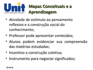 16/10/16
Mapas Conceituais e aMapas Conceituais e a
AprendizagemAprendizagem
• Atividade de estímulo ao pensamento
reflexivo e a construção social do
conhecimento;
• Professor pode apresentar conteúdos;
• Alunos podem evidenciar sua compreensão
das matérias estudadas;
• Incentivo a construção coletiva;
• Instrumento para negociar significados;
 