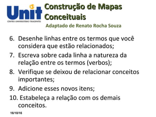 16/10/16
Construção de MapasConstrução de Mapas
ConceituaisConceituais
Adaptado de Renato Rocha Souza
6. Desenhe linhas entre os termos que você
considera que estão relacionados;
7. Escreva sobre cada linha a natureza da
relação entre os termos (verbos);
8. Verifique se deixou de relacionar conceitos
importantes;
9. Adicione esses novos itens;
10. Estabeleça a relação com os demais
conceitos.
 