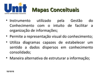 16/10/16
Mapas ConceituaisMapas Conceituais
• Instrumento utilizado pela Gestão do
Conhecimento com o intuito de facilitar a
organização de informações;
• Permite a representação visual do conhecimento;
• Utiliza diagramas capazes de estabelecer um
sentido a dados dispersos em conhecimento
consolidado;
• Maneira alternativa de estruturar a informação;
 