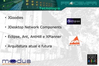 Tecnologia JGoodies JDesktop Network Components Eclipse, Ant, AntHill e XPlanner Arquitetura atual e futura 
