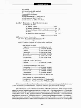 8 It normais
2 li extras (com 60% de adicional)
10 Ei total diário
• horário básico de trabalho:
período da manhã: das 6 h 30 min ás 11 h
período dc almoço: das í 1 h às 12 h
período da tarde: das 12 li ás 17 lt 30 min.
3.1,4.2 - CÁLCUIO DOS DIAS CASTOS NO ANO
(no município tfc íiSo Paulo)
dc Trabalho Efciivo , 220 d
de Repouso Remunerado 94 d {*)
de Faltas Justificadas (Índice estatístico) 6 d (**)
de Férias . ........30 d
de Aviso Prévio (índice estatístico) 15 d (***)
soma 365 d
{") Descanso Semanal Remunerado:
365 d/ano - 44 h/semana * 52 semana/ano - 79 cl
8 h/d
mais 15 Feriados e Dispensas de Trabalho (Índice estatístico):
- Sete Feriados Nacionais:
1 de janeiro .„.(Lei 662 de 06.04.49)
21 de abril (Lei 1266 de 08.12.50)
1 de maio (Lei 662 de 06,01.49)
7 dc setembro (Lei 662 de 06.04.49)
12 de outubro,.... (Lei 6802 de 30,06,80)
15 de novembro ...(Lei 662 de 06,04.49)
25 de dezembro ....(Lei 662 dc 06,04,49)
- Um Feriado Estadual (São Paulo):
9 de julho (Lei 9497 de 05.03,97)
- Cinco Feriados Municipais (São Paulo):
25 dejaneiro ,.,. (Lei 7008 de 06,04,67)
Sexta-Feíra Santa (Lei 7008 de 06.04.67)
Corpus Christi ....(Lei 700S dc 06.04,67)
2 de novembro (Lei 7008 de 06.04.67)
20 de novembro ............(Lei 13707 de 07,01.04)
- Duas Dispensas de Trabalho (São Paulo):
24 de dezembro (Acordo Intersindical 89/90-cláusula 46)
31 de dezembro (Acordo Intersindical S9/90-c]áusuia46)
O Governo, principalmente o Municipal, excede seus limites decretando outras paralisações (entre outras
3a-feíra de carnaval) que, estatisticamente, compensam os feriados que coincidem com domingos.
(**) Faltas Legais: Auxílio Enfermidade e Acidentes de Trabalho (os primeiros 15 d de falta por enfermi-
dade ou por acidente de trabalho. não pagos pelo l APAS), Gala, Nojo, Licença Paternidade (art, 473 da CLT, I ,ei
1060/59 e Constituição da República). Um estudo comparativo entre os dados publicados no Anuário Estatístico
da Previdência Social dc 1994, que revela o número de trabalhadores que obtiveram o Auxllio-Enfermidade
(incapacitados de exercer seu trabalho por mais de 15 d consecutivos devido a enfermidade - Previdenciários -
ou devido a acidente de trabalho- Acidentários) e os dados estatísticos levantados na construtora deste autor (de
empregados que recorreram ao Auxilio Enfermidade por menos de 16 d consecutivos) conclui que as consequentes
 