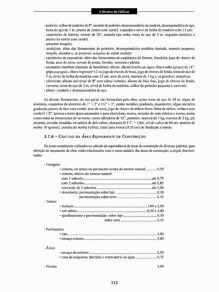 - pedreiro: colher de pedreiro de 8", martelo de pedreiro, desempenade Ira de madeira, desempenadeiradeaço,
trena de aço de 5 m, prumo de centro com cordel, esquadro e nível de bolha de madeira com 35 cm;
- carpinteiro de formas: serrote de 26", martelo tipo unha, trena de aço de 5 m, esquadro metálico e
prumo de centro coin cordel;
- armador: torques;
- aztilejísta; além das ferramentas de pedreiro, desempenadcíra metálica dentada, martelo pequeno,
torquês, riscador e, se possível, máquina de cortar azulejo;
- carpinteiro de esquadrias: além das ferramentas de carpinteiro de fôrmas, furadeira,jogo de chaves de
fenda, arco de serra, serrote de ponta, formão, verruma e plaina;
- encanador (também chamado de bombeiro): alicate, alicate bambu de água, chave-tubo (gripo) de 14",
gripo papagaio, chave inglesa n'J 11 ou jogo de chaves de boca, jogo dc chaves de fenda, trena de aço de
5 m, nível de bolha de madeira com 35 cm, areo dc serra, marreta de I kg c, se possível, maçarico;
- eletricista: alicate universal de 8" com cabos isolados, alicate dc bico fino. jogo de chaves de fenda,
verruma, trena dc aço de 5 m, nível de bolha dc madeira, colher de pedreiro pequena e canivete;
- pintor: espátula e desempenadeira dc aço.
As demais ferramentas, de uso geral, são fornecidas pela obra, como trena de aço de 30 m, régua de
alumínio, esquadros de alumínio de !"' * 2" e I Vi" * 3". cunha metálica graduada, paquímetro, régua metálica
graduada, prumo dc face com cordel, arco de serra, jogo dc chaves de dobrar ferro, linha de náilon, roldana com
corda 0 i/2", tarraxa e torno (para encanador e para eletricista), morsa, testador dc rede elétrica e outras, assim
como todas as ferramentas de servente, como talhadeira dc 12", ponteiro, marreta de ! kg, marreta dc 2 kg, pá,
picareta, enxada, enxadão, cavadeira dedois cabos, alavanca 0 IV" « l,Hm,pê-de-cabra de 60 em, peneira de
malha 10 (grossa), peneira dc malha 6 (fina), trado para broca (O 20 cm) dc fundação e outras.
3.1,6 - CÁLCULO DA ÁREA EQUIVALENTE DE CONSTRUÇÃO
Os pesos usualmente utilizados no cálculo da equivalência de áreas de construção de diversos padrões, para
alêriçÊlo do orçamento da obra, estilo relacionados com o custo unitário das áreas de construção, a seguir discrimi-
nadas:
- Garagem:
* coberta, no térreo ou. pavimento acima do terreno natural
* coberta, abaixo do terreno natural:
com I subsolo ....
com 2 subsolos
com mais de 2 subsolos,
* descoberta: pavimentação sobre laje
..até 0,75
..até 0.85
..até I.00
0.50
0.30
0.I5
pavimentação sobre terra
- Térreo:
• fechado .1,00 a 1.50
.0,50 a 1.00
.....0.30
0.15
sob pilotis
ajardinamento e pavimentação: sobre laje
sobre terra...
- Pavimentos:
* lipo...
* terraço coberto..
1.00
1.00
- Ático:
terraço descoberto
casa dc máquinas, barrilele e reservatório de água
0.50
0.75
- Piscina 1.00
 