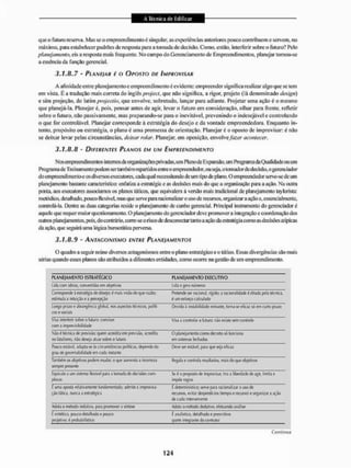 que o futum reserva, Mas se o empreendimento é singular, as experiências anteriores pouco contribuem e servem, no
máximo, para estabelece]- padrões de resposta para a tomada de decisão. Como, então, interferir sobre o futuro? Pelo
planejamento, eis a resposta mais frequente, No campo do Gerenciamento de Empreendimentos, planejar tomou-se
a essência da função gerencial,
3.1.8.7 - PLANEJAR E O OPOSTO DE IMPROVISAR
A afinidade entre planejamento e em preendimentoé evidente: empreender significa realizar algo que se tem
em vista. É a tradução mais correta do inglês project, que náo significa, a rigor, projeto (lá denominado design)
e sim projeção, do latim project to, que envolve, sobretudo, lançar para adiante. Projetar uma ação é o mesmo
que planejá-la. Planejar é. pois. pensar antes de agir. levar o futuro em consideração, olhar para frente, refletir
sobre o futuro, não passivamente, mas preparando-se para o inevitável, prevenindo o indesejável e controlando
o que for controlável. Planejar corresponde à estratégia do desejo e da vontade empreendedora. Enquanto in-
tento. propósito ou estratégia, o plano é uma promessa de orientação. Planejar é o oposto de improvisar: é não
se deixar levar pelas circunstâncias, deixar rolar. Planejar, em oposição, envolvefazer acontecer.
3.1.8.8 - DIFERENTES PLANOS EM UM EMPREENDIMENTO
Nos empreendimentos internos de organizações privadas, um Plano de Expansão, um Programa da Qualidade oti um
Programa de Treinamento podem sertambém repartidos entre o empreendedor, ou seja, o tomadorde decisão, o gerenciador
do empreendimentoe os diversos executores, cada qual necessitando de um tipo de plano. O empreendedor serve-se de um
planejamento bastante característico: enfatiza a estratégia e as decisões mais do que a organização para a ação. Na outra
ponta, aos executores associamos os planos táticos, que equivalem à versão mais tradicional de planejamento laylorista:
metódico, detalhado, poucoflexível,mas que serve pararacionalizaro uso derecursos,organizar a açãoe, essencialmente,
controlá-la. Dentre as duas categorias reside o planejamento de cunho gerencial. Principal instrumento do gerenciador é
aquele que requer maior questionamento. O planejamento do gerenciador deve promover a integração e coordenação dos
otitios planejamentos, pois. do contrário, corre-se o risco de desconeclartantoa ação da estratégia como as decisões atípicas
da ação, que seguirá uma lógica burocrática perversa.
3.1.8.9 - ANTAGONISMO ENTRE PLANEJAMENTOS
O quadro a seguir reúne diversos antagonismos entre o plano estratégico e o tático. Essas divergências são mais
sérias quando esses planos sto atribuídos a diferentes entidades, como ocorre na gestão de um empreendimento.
P L A N E J A M E N T O E S T R A T É G I C O PI,A M ELA M E N T O E X E C U T I V O
Lida com ideia*, cometidas «ri objetos Lida e gera números
Corresponde á estratégia de desejo; é mais visàodo que razão; Pretendi sçr racional, tímido: a iacionalid,idi; d ditada pela iccnica.
«limtila a intuição ca pcrcepção é uni esforço calculado
loíiRO prjM e abrangência global, nos aspectos técnicos, iXjJíli- Devido n instabilidadereinante,torna-se eficaz só em curto prazo
C
O
S e
S
O
O
U
I
S
Visa inlefíeíir sobre o futuro: conviver Visa > (onlrobr o futuro; nüo «cistò Mffl corUrolíj
com a imprevisitjilidHle
iào é técnica de previsão: quem arnslita em previsão, aefedita 0 plnnejarmcíitQconx) decreto só íunciona
no fatalismo, alo deseja atuar sobre o íuluro em stileuws íedrad«
Ftwcoeítível, adapta-se ás circurminclai políticas, efependedo Deye ser estivei, para que seja eficaz
grau de governabilidade em cwla instante
Também os objetivos podem mudar, o que aumenta a incerteza Rjegula ? contfoln resultados, mais cfo weobjeiivrK
presente
Equivale a um sistema flexível para a tomada de decisões com- Sç é o proposto de improvisar, tira a liberdade de agir, limila e
plexas irnpt* rcgrJii
É gma apoaa idaflivamertlí fundamentada; admite a impfwjtn- É determinístico; sem; para racionalizar o uso de
cáo Sílica, nunca a estratégica recursos, evitar deí^wdicios (lempo e rrcursoi e organizar a ação
do cada iniçrwniente
Adota omítodo indutivo, («ra ftronwver a síntese Adotii o método dettoi™, efetuando análise
í sintético, pouco detalhado e pouco Ê analiuito, detalhado c prescrilivo
píojetivo; é probabilitfko (parte integrante do (ouifatol
CantinuA
 