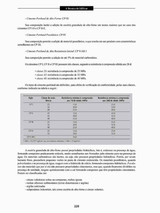 - Cimento Portion d de Alto Forno: CI* 1
1
1
Sua composição incluí a adição de escória granulada dc alto-forno em teores maiores que no caso dos
cimentos CP I-SeCPIl-E,
- Cimento Port iond Pozoíâfiico: CP IV
Sua composição permite a adição de material pozolãníco, o que resulta cm um produto com características
semelhantes ao CP III.
- Cimento Portla rsd de Alto Resistência inicial: CP V-AR I
Sua composição permite a adição de até 5%dc material carbonático.
Os cimentos CP I, CP 1
1 e CP 1
1 I possuem três classes, segundo aresistênciaà compressão obtida aos 28 d:
' classe 25: resistência à compressão de 25 M Pa
* classe 32: resistência à compressão de 32 MPa
- classe 40: resistência ã compressão dc 40 MPa.
Os tipos de cimento portIand sSo definidos, para efeito de verificação de conformidade, peias suas classes,
conforme indicado na tabela a seguir:
Sigla Classe de resis- Resistência mínima a compressão Resistência mínima à compressão
tência aos 7d de idade (MPa) aos 28d de idade (MPa)
CPI 25 15,0 25,0
32 20,0 32,0
40 25,0 0
CP l i 25 15,0 25,0
32 20,0 32,0
40 25,0 40,0
CP III 25 15,0 25,0
32 20,0 32,0
40 23,0 40,0
CP IV 25 15,0 25,0
32 20,0 32,0
CP V-AR 1 - 34,0 -
1 MPá - tU, 1077 kgfcm-'tot^cmniíiiimis rttluruiis, t MPa - lO^ífan I
A escória granulada dc alto-forno possui propriedades hidráulicas, isto é, endurece na presença de água.
formando compostos praticamente estáveis, muito semelhantes aos formados pelo cimento puno ua presença de
água. Os materiais carhonáticos são inertes, ou seja, não possuem propriedades hidráulicas. Porem, por serem
bastante finos, preenchem pequenos vazios na pasta de cimento endurecida. Os materiais pozolánicos, quando
pulverizados e na presença de água, reagem com o hidróxido de cálcio, formando com postos hidráulicos. Po:ala-
nas são materiais que por si sós não possuem propriedades cimcntantcs, mas que, quando finamente divididos na
presença de umidade, reagem quimicamente com a cal formando compostos que têm propriedades cimentantes.
Podem ser classificadas cm:
- cinzas vulcânicas soltas ou compactas, rochas ígneas
- rochas silicosas sedimentares (terras diatomáceas e argilas)
- argilas calcinadas
- subprodutos industriais, tais como escória de alto-forno e cinzas volantes.
 