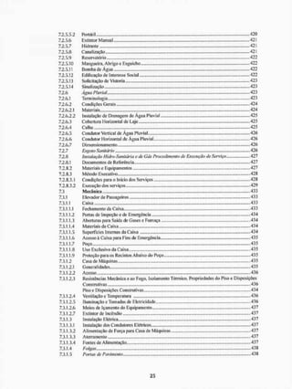 7,2.5.5,2 Portátil 420
7.2.5.6 Extintor Manual 421
7.2.5.7 Hidrante 421
7.2.5.8 Canalização 421
7.2.5.9 Reservatório 422
7.2.5.10 Mangueira, Abrigo e Esguicho 422
7.2.5.11 Bomba de Água. 422
7.2.5.12 Ed ifi cação de Interesse Soe ial 422
7.2.5.13 Solicitação de Vistoria . 423
7.2.5.14 Sinalização 423
7.2.6 Água Pluvial. -423
7.2.6.1 Terminologia .423
7.2.6.2 Coiul ições Gera is ...... 424
7.2.6.2.1 Materiais 424
7.2.6.2.2 Instalação de Drenagem de Água Pluvial .425
7.2.6.3 Cobertura I lorizontal de Laje 425
7.2.6.4 Calha 425
7.2.6.5 Condutor Vertical de Água Pluvial 426
7.2.6.6 Condutor Horizontal de Água Pluvial 426
7.2.6.7 Dimensionamento 4 26
7.2.7 Esgoto Sanitário 426
7.2.8 Instalação llidro-Swiilária e de Gás Procedimento de Execução de Se/riço 427
7.2.8.1 Documentos de Referência .427
7.2.8.2 Materiais e Equipamentos 427
7.2.8.3 Método Executivo 428
7.2.8.3.1 Condições para o Início dos Serviços 428
7.2.8.3.2 Execução dos serviços 429
7.3 Mecânica 433
7,3.1 Elevador de Passageiros 433
7.3.1.1 Caixa 433
7.3.1.1.1 Fechamento da Caixa 433
7.3.1.1.2 Portas de Inspeção e de Emergência 434
7.3.1.1.3 Aberturas para Saída de Gases e Fumaça 434
7.3.1.1.4 Materiais da Caixa 434
7.3.1.1.5 Superfícies Internas da Caixa .434
7.3.1.1.6 Acesso à Caixa para Fins de Emergência 435
7.3.1.1.7 Poço - -.435
7.3.1.1.8 Uso Exclusivo da Caixa 435
7.3.1.1.9 Proteção para os Recintos Abaixo do Poço 435
7.3.1.2 Casa de Máquinas 435
7.3.1.2.1 Generalidades... 435
7.3.1.2.2 Acesso 436
7.3.1.2.3 Resistências Mecânica e ao Fogo. Isolamento Térmico, Propriedades do Piso e Disposições
Construtivas 436
Piso e Disposições Construtivas 434
7.3.1.2.4 Ventilação e Temperatura 436
7.3.1.2.5 Iluminação e Tomadas de Eletricidade... 436
7.3.1.2.6 Meios de Içameiito do Equipamento 437
7.3.1.2.7 Extintor de Incêndio .437
7.3.1.3 Instalação Elétrica 437
7.3.1.3.1 Instalação dos Condutores Elétricos 437
7.3.1.3.2 Alimentação de Força para Casa de Máquinas...... 437
7.3.1.3.3 Aterramento 437
7.3.1.3.4 Fontes de Alimentação 437
7.3.1.4 Folgas 438
7.3.1.5 Portas de Pavimento 438
 