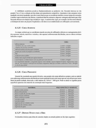 A viabilidade econômica prende-se fundamentalmente ao parâmetro vão. Havendo interesse ito vão
grande (7 nt a 12 m), a solução em laje plana será naturalmente competitiva. Importante é não comparar metro
quadrado com metro quadrado, mas sim o custo final em que se consideram também o menor tempo de execução,
o melhor reaproveitamento das formas, a aparência final da estrutura e algumas vantagens adicionais que a laje
lisa pode oferecer em relação à laje cortada por vigas. A ausência das vigas, por exemplo, fácil ila sensivelmente
a instalação de dutos em projetos hospitalares e de dutos de ar-eondicíonado em edificações convencionais.
6.1.25 - CARGA ACIDENTAL
As cargas verticais que se consideram atuando nos pisos de edificações referem-se a carregamentos devi-
dos a pessoas, móveis, utensílios e veículos, e são supostas uniformemente distribuídas, com os valores mínimos
indicados a seguir:
LOCAL CARGA
* edifícios residenciais:
* chimiió/ios. ults, copa, comha e ÊantòB
* ikfpmsãjrea de Ktw^^kvÈlKkríi
1.5 k N J W i l i O t »
- edifícios de escritório (salas de uso geral e banheiros) Z,0kNAri s 2
G
O fegPrrf
- pagwí ip.ua veículos de passager« ou semelham«) 3,0 I W i 300 kgflnv'
•sfajas
- escadas s
o
m acesso ao público 2,5 liNAn1 = 250 kgtW
- biliões.: mesmj carga do ?Jw&> com o qwl se oomunicam
• casa de mjqui mis: a íct detemiiradacm cada caso. porón coni o valor mini™ de 7,5 kNAií »7501^
- nos compartimentos destinados a carregamentos especiais, como os devidos a arquivos rfcpósilo de materiais, máquinas leves, caivas-
fortes etc,, iwo è «cesííría a vwifkaçío mjis exala d«s«carregjmw!i>s, desde epre se considere o acomode 3 W W s 300 kgíímr1
no valor da carga acidental
6,1,26 - CARGA PERMANENTE
Quando for executada unta parede divisória, cuja posição não esteja definida no projeto, pode-se admitir
uma sobrecarga uniformemente distribuída por metro quadrado de piso não menor que um terço do peso por metro
linear da parede acabada, observado o valor mínimo de 1 kN.'in3 100 kg/m'. Pode-se adotar os seguintes pesos
específicos aparentes dos materiais de construção mais frequentes:
MATERIAL PESO ESPECÍFICO APARENTE
granito e rocha calcária 28 kN/m' ~ 2f!Q0kg/m
blocos síticocalcários 20 kN/m- = 2000 kg/m
blocos vazados <k* concreto simples 22 kN/m' - 2200 kg/m
tijolos maciços cerâmicos 18 kNAti1
= I600kg/m
blocos cerâmicos vagidos 13 kN/m' i IJOOkg/m
concreto armado 25 loN/m* - 2500 kg/m
concreto simples 24 kN/m1
= 2400 kg/m
argamassa de cal cimento e areia 19 kN/m' s 1900 kg/m
argamassa de cimento e arei.i 21 kN/m-r
s 2100 kg/m
argamassa de gesso 12,5 kN/m' 2 1250 kg/m
6.1.27 - DESENHO TÉCNICO RARA A OURA
Os desenhos técnicos para obras de concreto simples ou armado podem sei1 dos tipos seguintes:
 