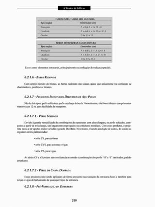 TUBOS ESTRUTURAIS SEM COSTURA
Tipo (seção) Dimensões (cm)
Retangular A x 6 de 5 x 3 a 12 x 8
Quadrada A x A d e f * 4 j 21,6 * 2 1,6
Grcular Dde2,5 a 15
TUBOS ESTRUTURAIS COM COSTURA
Tipo (sc<;àa) Dimensões (cm)
Retangular A * 8de2,Sx 1,9a20K a
Quadrada A x A de 1,6 * 1.6 a 1 'l x 14
Circular D de 0,5 a 25,4
Usos: como elementos estruturais, principalmente na confecção de treliças espaciais.
6.2.1.6 - BARUA REDONDA
Com amplo número de bitolas, as barras redondas sâo usadas quase que unicamente na confecção de
chumbadores, parafusos e tirantes.
6.2.1.7 - PRODUTOS ESTRUTURAIS DERIVADOS DE AÇO PIANO
São de dois tipos: perfis soldados e perfis em chapa dobrada. Normalmente, são fornecidos em comprimentos
menores que I2 m, para facilidade de transporte.
6.2.1.7.1 - PERFIL SOLDADO
Devido à grande versatilidade de combinações de espessuras com altura largura, os perfis soldados, com-
postos a partir de três chapas, são largamente empregados nas estruturas metálieas. Com esses produtos, o proje-
tista passa a ter opções muito variadas e grande liberdade. No entanto, visando à redução de custos, ão usadas as
seguintes séries padronizadas:
• série CS, para colunas
• série CVS, paia colunas e vigas
• série VS. para vigas.
As séries CS e VS podem ser consideradas extensão e continuação dos perfis "M" e<LF lam inados, padrão
americano.
6.2.1.7.2 - PERFIL EM CHAPA DOURADA
Esses produtos estão sendo aplicados de forma crescente na execução de estruturas leves e lambem para
terças e vigas de fechamento de quaisquer tipos dc estrutura.
6,2,1,8- PRÍ-FAIÍRICAÇÁO DA ESTRUTURA
 