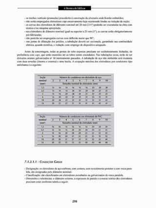 - os trechos verticais (prumadas) precederão à construção da alvenaria onde ficarão embutidos;
- não serão empregados eletredutos cujo eticurvamento haja ocasionado fendas ou redução da seção;
- as curvas dos eletrodutos de diâmetro nominal até 20 mm (3/4") poderão ser executadas na obra com
técnica e/ou máquina apropriada;
- nos eletrodutos dc diâmetro nominal igual ou superiora 25 mm (l,f), as curvas serão obrigatoriamente
pré-fabricadas:
- não poderão sei1 empregadas curvas com deflexão maior que 90°;
- nas juntas de dilatação dos prédios, a tubulação deverá ser secionada, garantindo sua continuidade
elétrica, quando metálica, e vedação, com emprego de dispositivo adequado.
Antes da concretagem, todas as pontas de tubo expostas precisam ser cuidadosamente fechadas, de
preferência com caps, que serão mantidos até os tubos serem emendados. Nas tubulações secas, lerão de ser
deixados arames galvanizados n" 16 internamente passados. A tubulação de aço não embutida será montada
com duas arruelas (interna e externa) e uma bucha. A oeupação máxima dos eletrodutos por condutores tipo
antichama é a seguinte:
Seção Número dc condutores cmçlclroduto dc aço
nominal 2 3 4 5 b 7 8 9 to
(mm11) Tamanho nominal doetclrodulo (mm)
T^ 16 16 16 16 16 20 20 20
2,5 16 16 16 2(9 20 20 20 25 25
4 16 16 20 20 20 25 25 25 25
6 16 20 20 25 2.5 25 25 31 31
10 20 20 23 25 31 31 31 31 41
20 25 23 31 31 41 41 41 41
Seção Número de condutores em elclrodut» dc PVC
nominal 2 3 4 s 6 7 8 9 10
(mm') Tamanho nominal doelclrodulo (mm)
1,5 16 16 16 16 16 16 20 20 20
2,5 16 16 16 20 20 20 20 25 25
4 16 16 20 20 20 25 25 25 25
6 16 20 20 25 25 25 25 32 32
10 211 20 25 25 12 32 32 32 40
16 20 25 25 32 32 40 40 40 40
7.1,3,1,1 - CONDIÇÕES GERAIS
- Designação: os eletrodutos de aço-carbono, com costura, com revestimento protetor e com rósea para-
lela, são designados pelo diâmetro nominal.
- Classificação: são classificados em eletrodutos esmaltados ou galvanizados de rosca paralela.
- Dimensões e tolerâncias: o diâmetro externo, a espessura de parede e a massa teórica dos eletrodutos
precisam estar conforme tabela a seguir:
 
