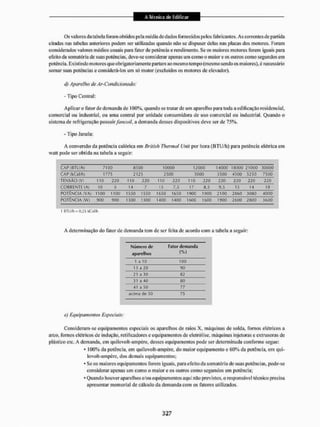 Os valores da tabela foram obtidos pela média de dados fornecidos pelos fabricantes. As correntes de partida
citadas nas tabelas anteriores podem ser utilizadas quando n
<
1
o se dispuser delas nas placas dos motores. Foram
considerados valores médios usuais para fator de potência e rendimento. Se os maiores motores forem iguais para
efeito da somatória de suas potências, deve-se considerar apenas um como o maior e os outros como segundos cm
potência. Existindo motores que obrigatoriamente panam ao mesmo tempo (mesmo sendo os maiores), é necessário
somar suas potências e considerá-los um só motor (excluídos os motores de elevador).
[/> Aparelho de Ar-Condicionado:
- Tipo Central:
Aplicar o fator de demanda de I Ü0%, quando se tratar de um aparelho para toda a edificação residencial,
comercial ou industrial, ou uma central por unidade consumidora de uso comercial ou industrial. Quando o
sistema de refrigeração possuirfancoii, a demanda desses dispositivos deve ser de 75%.
- Tipo Janela:
A conversüo da potência calórica em Brirish Thermal Unit por hora (BTU/li) para potência elétrica em
watt pode ser obtida na tabela a seguir:
CAP íBTU/li) 7100 8500 10000 12000 14000 18000 21000 30000
CAP (kCnl/h) 1775 2125 2500 3000 3 SOO 4500 5250 75 00
TüNSÀO IVH 110 220 110 220 110 220 110 220 220 220 220 220
CORRENTE (A) 10 5 1
4 7 15 7,S 1? 3,5 9,5 13 14 13
POTÊNCIA (VA) 1100 1100 1550 1550 1650 1650 19O0 1900 2100 2860 3060 4000
POTÊNCIA (W) 900 900 1300 1300 1400 14Ü0 IGOO IMO 1900 2600 2 SOO 3600
I KTU/li = 0,25 kC.il/h
A determinação do fator de demanda teni de ser feita de acordo com a tabela a seguir:
Número de Fator demanda
aparelhos <
%
>
t Ã 10 too
11 a 20 90
21 a 30 62
31 a 40 00
41 a 50 77
acima de 50 75
e) Equipamentos Especiais:
Consideram-se equipamentos especiais os aparelhos de raios X. máquinas de solda, fornos elétricos a
arco, fornos elétricos de indução, retiíicadores e equipamentos de clctrólise, máquinas injetoras e extrusoras de
plástico etc. A demanda, em quiiovolt-ampère, desses equipamentos pode ser determinada conforme segue:
* 100% da potência, ein quiiovolt-ampère, do maior equipamento e 60% da potência, em qui-
iovolt-ampère, dos demais equipamentos;
* Se os maiores equipamentos forem iguais, para efeito da somatória de suas potências, pode-se
considerar apenas um como o maior e os outros como segundos em potência;
* Quando houver aparelhos e/ou equipamentos aqui não previstos, o responsável técnico precisa
apresentar memorial de cálculo da demanda com os fatores utilizados.
 