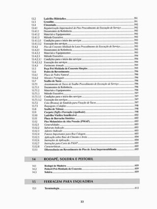 13.2 Ladrilho Hidráulico - .591
13.3 Granilite -591
13.4 Cimentado 592
13.4.1 Regularização Impermeável de Piso Procedimento de Execução de Serviço 592
13.4.1.1 Documentos de Referência 592
13.4.1.2 Materiais e Equipamentos 592
13.4.1.3 Método Executivo 593
13.4.1.3.1 Condições para o inicio dos serviços 593
13.4.1.3.2 Execução dos serviços 593
13.4.2 Piso de Concreto Moldado In Loco Procedimento de Execução de Serviço 593
13.4.2.1 Documentos de Referência 593
13.4.2.2 Materiais e Equipamentos 593
13.4.2.3 Método Executivo 594
13.4.2.3.1 Condições para o início dos serviços 594
13.4.2.3.2 Execução dos serviços 594
13.4.3 Pavimento Armado - — 595
13.5 Peça Pré-Moldsida de Concreto Simples 595
13.6 Pedra de Revestimento 596
13.6.1 Placa de Pedra Natura1 - 596
13.6.2 Mosaico Português - 596
13.7 Soalho de Tacos - 596
13.7.1 Assentamento de Tacos de Soalho Procedimento de Execução de Serviço 596
13.7.1.1 Documentos de Referência 596
13.7.1.2 Materiais e Equipamentos 596
13.7.1.3 Método Executivo 597
13.7.1.3.1 Condições para o início dos serviços 597
13.7.1.3.2 Execução dos serviços 597
13.7.2 Cola (Branca) de Emulsão para Fixação de Tacos -597
13.7.3 Raspagem e Calafate 598
13.8 Soalho de Tábuas 598
13.9 Carpete (Tufif) c ForrwçSo (Agulhado) 598
13.10 Ladrilho Vinitico Sem iflcxívcl 602
13.11 Placa de Borracha Sintética 602
13.12 Piso Melaminico dc Alta Pressão (PMAP)... 603
13.12.1 Generalidades 603
13.12.2 Substrato Indicado 603
13.12.3 Adesivo Indicado 603
13.12.4 Fatores importantes para Boa Colagem 603
13.12.5 Aplicação sobre Base de Cimento e Areia 604
13.12.6 Instruções de Aplicação 604
13.12.7 instruções para Corte do PMAP —605
13.12.8 Características —605
13.13 Efloresccncia cm Revestimento de Piso de Área Impermeabilizada 605
14 R O D A P É , S O L E I R A E P E I T O R I L
14.1 Rodapé de Madeira 609
14.2 Peitoril Pré-Moldado de Concreto 609
14.3 Soleira - 609
15 F E R R A G E M P A R A E S Q U A D R I A
15.1 Terminologia................. 613
 