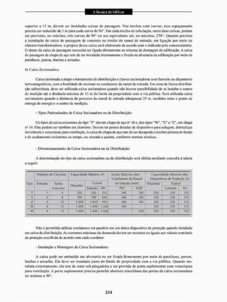 superior a 15 m, devem ser instaladas caixas de passagem, Nos trechos com curvas, esse espaçamento
precisa ser reduzido de 3 111 para cada curva de OtT1. Em cada trecho de tubulação, entre duas caixas, podem
ser previstas, no máximo, três curvas de QO1
3 ou seu equivalente até, no máximo, 270°, Quando prevista
a instalação de caixa de passagem de concreto no trecho do ramal de entrada, em ligação por meio de
câmara transformadora, o projeto dessa caixa será elaborado de acordo coin o indicado pela concessionária.
O dreno da caixa de passagem necessita ser ligado diretamente ao sistema de drenagem da edificação. A caixa
de passagem de chapa de aço tem de ser instalada internamente c fixada na alvenaria da edificação por meio de
parafusos, porcas, buchas e arruelas.
b) Caixa Secionadora:
Caixa destinada a alojar o barramento de distribuição e chaves seciotiadoras com fusíveis ou disjuntores
terniomagnéticos, com a finalidade de secionar os condutores do ramal de entrada. Em zona de futura distribui-
ção subterrânea, deve ser utilizada caixa secionadora quando não houver possibilidade de se instalar o centro
de medição até a distância máxima de 15 m do limite da propriedade com a via pública. Será utilizada caixa
secionadora quando a distância do percurso do ramal de entrada ultrapassar 25 m, medidos entre o ponto de
entrega de energia e o centro de medição.
- Tipos Padronizados de Caixa Secionadora ou dc Distribuição:
Os tipos de caixa existentes do tipo "T" são em chapa de aço n" 16 e, dos tipos "W", " X " e "Z", em chapa
14. Elas podem ser também em alumíuío. Devem ter portas dotadas de dispositivo para selagem, dobradiças
invioláveis e venezianas para ventilação. A caixa de chapa de aço tem de ser decapada e receber pintura de fundo
c de acabamento resistentes ao tempo, ou zincada a quente, conforme normas técnicas,
- Dimensionamento da Caixa Secionadora ou de Distribuição:
A determinação do tipo da caixa secionadora ou de distribuição será obtida mediante consulta à tabela
a seguir:
Número de Circuitos Capacidade Máxima (A) Seção Máxima dos
Condutores do Ramal
Capacidade Máxima rios
Dispositivos de Proteção (A)
Tipo Entrada Saída
Disjuntor
Fusível de Entrada (mmlj Disjuntor Fusível
(máximo}
Disjuntor
Cartucho NH PVC XLPE Cartucho NH
T 1 4 350 350 335 240 185 350 350 3t5
X 2 $ 700 700 630 240 185 350 350 3t5
7. 3 12 1.050 1.050 945 240 185 350 350 315
W 4 IS 1.400 1.400 1.260 240 - 350 350 315
w 4 15 1.400 1.400 1.42C - 240 350 350 355
Não é permitido utilizar condutores cm paralelo em um único dispositivo de proteção quando instalado
em caixa de distribuição. As correntes máximas de demanda devem ser menores ou iguais aos valores nom inais
da proteção escolhida de acordo com cada condutor,
- Instalação e Montagem da Caixa Secionadora:
A caixa pode ser embutida em alvenaria ou ser fixada firmemente por meio de parafusos, porcas,
buchas e arruelas. Ela deve ser instalada junto do limite de propriedade com a via pública, Quando ins-
talada externamente, ela tem de estar sob pingadeira e ser provida de porta suplementar com venezianas
para ventilação, A porta suplementar precisa permitir abertura simultânea das portas da caixa secionadora
no mínimo a 00".
 