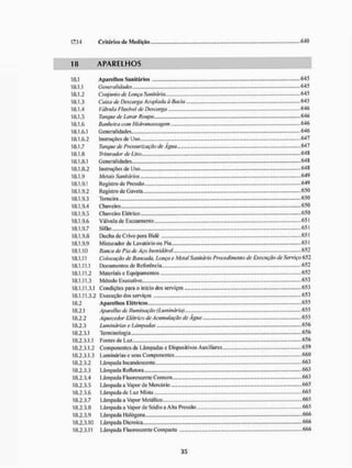 17.14 Critérios de Medição ...640
18 A P A R E L H O S
18.1 Aparelhos Sanitários
18.1.1 Generalidades
18.1.2 Conjunto de Louça Sanitária
18.1.3 Caixa de Descarga A copiada a Bacia,
18.1.4 Válvula Fluxível de Descarga
18.1.5 Tanque de Lavar Roupa
18.1.6 Banheira com Hidromassagem
18.1.6.1 G enera I idades
18.1.6.2 Instruções de Uso..,.,.,,
18.1.7 Tanque de Pressurização de Agua
18.1.8 Triturador de Lixo
18.1.8.1 Generalidades
18.1.8.2 Instruções de Uso
18.1.9 Melais Sanitários - ..
18.1.9.1 Registro de Pressão. ,„„, .......
18.1.9.2 Registro de Gaveta
18.1.9.3 Torneira
18.1.9.4 Chuveiro
18.1.9.5 Chuveiro Elétrico
18.1.9.6 Válvula de Escoamento
18.1.9.7 Sitòo.
18.1.9.8 Ducha de Crivo para Bidê
18.1.9.9 Misturador de Lavatório ou Pia
18.1.10 Banca de Pia de Aço Inoxidável
18.1.11 Colocação de Bancada, Louça e Metal Sanitário Procedimento de Execuç
18.1.11.1 Documentos de Referência
18.1.11.2 Materiais e Equipamentos „.„„., ...........
18.1.11.3 Método Executivo
18.1.11.3.1 Condições para o início dos serviços
18.1.11.3.2 Execuç3o dos serviços
18.2 Aparelhos Elétricos
18.2.1 Aparelho de Iluminação (Luminária) .„.„.., ...,».,.......
18.2.2 Aquecedor Elétrico de Acumulação de Agua
18.2.3 Luminárias e Lâmpadas
18.2.3.1 Terminologia
18.2.3.1.1 Fontes de Luz
18.2.3.1.2 Componentes de Lâmpadas c Dispositivos Auxiliares
18.2.3.1.3 Luminárias e seus Componentes..., „.„.„„
18.2.3.2 Lâmpada Incandescente
18.2.3.3 Lâmpada Relletora
18.2.3.4 Lâmpada Fluorescente Comum
18.2.3.5 Lâmpada a Vapor de Mercúrio
18.2.3.6 Lâmpada de Luz Mista
18.2.3.7 Lâmpada a Vapor Metálico
18.2.3.8 Lâmpada a Vapor de Sódio a Alta Pressão
18.2.3.9 Lâmpada Halógena
18.2.3.10 Lâmpada Dicraica
18.2.3.11 Lâmpada Fluorescente Compacta
ão de
645
645
645
645
646
646
646
646
647
647
64S
648
648
649
649
650
650
650
650
651
651
651
651
652
Serviço 652
652
652
653
653
653
655
655
655
656
656
656
659
660
663
663
663
665
665
„„,„.,.„.665
665
666
666
666
 