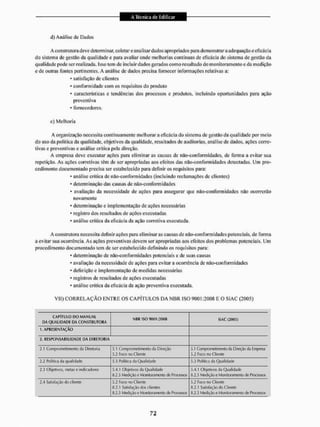 d) Análise de Dados
A construtora deve determinar, coieta reanalisar dados apropriados para demonstrar a adequação e eficácia
do sistema de gestão da qualidade e para avaliar onde melhorias contínuas de eficácia do sistema de gestão da
qualidade pode ser realizada. Isso tem de incluir dados gerados como resultado do monitoramento e da medição
e de outras fontes pertinentes. A análise de dados precisa fornecer informações relativas a:
* satisfação de clientes
• conformidade com os requisitos do produto
• características c tendências dos processos e produtos, incluindo oportunidades para ação
preventiva
• fornecedores,
e) Melhoria
A organização necessita continuamente melhorara eficácia do sistema de gestão da qualidade por meio
do uso da politica da qualidade, objetivos da qualidade, resultados dc auditorias, análise de dados, ações corre-
tivas e preventivas e análise critica pela direção.
A empresa deve executar ações para eliminar as causas dc não-conform idades, de forma a evitar sua
repetição. As ações corretivas têm de ser apropriadas aos efeitos das não-confonn idades detectadas. Um pro-
cedimento documentado precisa ser estabelecido para definir os requisiios para:
• análise critica de não-conform idades (incluindo reclamações de clientes}
• determinação das causas de não-conlorm idades
• avaliação da necessidade de ações para assegurar que não-conform idades não ocorrerão
novamente
• determinação e implementação de ações necessárias
• registro dos resultados de ações executadas
• análise critica da eficácia da ação corretiva executada,
Aconsiruiora necessita definir ações para eliminar as causas de não-conform idades potenciais, de forma
a evitar sua ocorrência. As ações preventivas devem ser apropriadas aos efeitos dos problemas potenciais. Um
procedimento documentado tem de ser estabelecido definindo os requisitos para:
* determinação de não-conformidades potenciais e de suas causas
• avaliação da necessidade de ações para evitar a ocorrência dc não-conform idades
* definição e implementação de medidas necessárias
• registros de resultados de ações executadas
• análise critica da eficácia da ação preventiva executada.
VII) C O R R E L A Ç Ã O E N T R E OS C A P Í T U L O S D A N B R ISO 9001:2008 E O Si AC (2005)
CAPITULO 0 0 MAN UAL
DA Q U A l IDADE DA CONSTRUTORA
NBR ISO 9001:2008 S-iAC (200S)
1, APRESENTAÇÃO
2. RESPONSABILIDADE DA DIRETORIA
2.1 Comprometimento da Diretoria 5.1 Comprometimento da Direção
3.2 foco no Clienle
3.1 Comprometimento da Direção da Empresa
3.2 Foco no Clienle
2.2 Política da qualidade 5,3 Política da Qualidade 3.3 Pblftica da Qualidade
2.3 Objetivos, metas e indicadores 5,4.1 Objetivos da Qualidade
S.2.J MMIÍÇÜO E Mcniiiorameniíj DE FrDf«MS
3.4.1 CHijelivos da Qualidade
R.2.3 Medição e MçmiioramenKJ de Ftaessos
2.4 Satisfação do clienle 5,2 foco rwCliente
8.2.1 Satisfaçio dw clientes
8.2.3 Mediçioe Moflíloramerrtj&íte Processos
3.2 Foco no Clienle
8.2.1 Satisfação <fo Ciionle
3.2,3 Medição e Monitoramento de Processos
 
