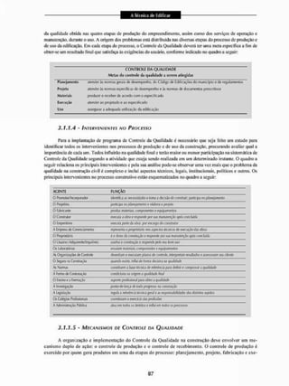 da qualidade obtida nas quatro etapas de produção do empreendimento, assim como dos serviços de operação e
manutenção, durante o uso, A origem dos problemas está distribuída nas diversas etapas do processo de produção e
de uso da edificação. Eirt cada etapa do processo, o Controle da Qualidade deverá ter uma meta específica a fim de
obter-se um resultado final que satisfaça às exigências do usuário, conforme indicado no quadro a seguir
3.1.1.4 - INTERVENIENTES NO PROCESSO
Para a implantação de programa de Controle da Qualidade ú necessário que seja feito um estudo para
identificar todos os intervenientes nos processos de produção e de uso da construção, procurando avaliar qual a
importância de eada um. Todos influirão na qualidade final e terão maior ou menor participação na sistemática de
Controle da Qualidade segundo a atividade que esteja sendo realizada em um determinado instante, O quadro a
seguir relaciona os principais intervenientes e pela sua análise pode-se observar uma vez mais que o problema da
qualidade na construção civil é complexo e inclui aspectos técnicos, legais, institucionais, políticos e outros. Os
principais intervenientes no processo construtivo estão esquematizados no quadro a seguir:
AGENTE FUNÇÃO
0 Piomotor/Ilíçorporatlor tdentifci asrtecenáííftctoe to™ a (feefíío efe cmt/uit; paticipa tiopknejèflKnlo
O Projelisla pjrtkip,! no ptioejameoío e eiifwca o pmjeto
0 Fabricante produz materiais, curTiponeutes (?«jurpaflientoí
0 Construtor (mula a oíífa«rejporwte por sua ranirtenfJo cpncíwtfa
0 Empreiteiro executa p,ure da obra par etc.ugn do construía
A ímprew de Gerenciamento tepMMnu opfoprletím m stpeaos tèaifcw th ejwcuçío cte abrit
Ú Proprietário è o dono da coflsirtffio e respondi1 poi sua m.vnuienção após conclaich
0 Usuário lAdq^iiretitalfiquilins} usufiui i cwutrafA? e r&pontiepelo seu bom ufo
Os laboratórios. ensaiai maíeojfS; componentes eeijurpameníos
As Organizações de Controíe deswtar e emuJani pfinus de tonírcá*, úmptlam lesultãdvs e assessor™ seu dfotfè
0 Segura na Construção (JIÍÍTWÍO e.Jste, jnlíuí d? Jb/rtra (feçiflVa W (jUilididt
As Normas tortítituem i íjase técnica de lefeiêixk pari deimir e compmat s qualidade
A forma de Contratação coraffcfcma na origetn a ^j-afídWe finai
0 Ensinoe a Formação suporte pfofissírwra/ para obtti a qu atidade
A lnneí%XIÒ oktodo.praga»» m cwum^ão
A legislação íçjju/a a referência ícwwca ,i|wa/e aí responsabiJ/rfadíí das dtíliníos sujeitos
Os Colégio* Profissionais coordenam o esacír» d,rs prafísíõej
A Administração Pública atiM cr» todos os âmbitos e inSm em talos os processos
3,1,1,5 - MECANISMOS DE CONTROLE DA QUALIDADE
A organização e implementação do Controle da Qualidade na construção deve envolver um me-
canismo duplo de ação: o controle de produção e o controle de recebimento, O controle de produção é
exercido por quem gera produtos em uma da etapas do processo: planejamento, projeto, fabricação e exe-
CONTROLE DA QUALIDADE
Mclss du tonlrolu da qualidade a serem atingidas
Planejamento
Frojeto
Materiais
Execução
Uso
alender às normas gerais de desempenho, do Código tle Edificações tio município e ile regulamentos
alender às normas. e;|fecííkas de desempenho <
? às normas de documentos prescritivos
produzir e receber de acordo com o especificado
alender ao projelado o ao especificado
assegurar a adequada utilização da edificação
 