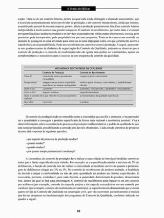 cuçâo. Trata-se de uni controle interno, dentro do qual cabe ainda distinguir o chamado autocontrole, que
é exercido automaticamente pelos envolvidos na produção, e do controle independente, ainda que interno,
exercido pelo pessoal da mesma empresa, porém, alheia à produção propriamente dita. Esse controle interno
independente é muito comum nas grandes empresas, O controle de recebimento, por oulro lado. é exercido
por quem fiscaliza e aceita os produtos e os serviços executados nas várias etapas do processo, ou seja, pelo
promotor, pelo incorporador, peio proprietário ou por seus prepostos. Trata-se de exerce!' um controle no
instante da passagem de uma atividade para outra ou de uma etapa para outra, em que geralmente ocorre a
transferência de responsabilidade. Pode ser considerado um controle externo à produção. A seguir, apresenta-
se um quadro-resumo da dinâmica de organização do Controle da Qualidade, podendo-se observar que o
controle de produção e o controle de recebimento não são iguais nem podem ser confundidos, apesar de
complementares c necessários para o sucesso de um programa de controle da qualidade.
MECANISMOS DE CONTROLE DA QUALIDADE
Controle de Pruífuçao Controle de Recebimenlo
0 que é? cíniifole c l » fato*« que intervêm
na qualidade
comprovação da conformidade
fbr que se faz? assegurar que se alcance ,i qualidade
especificada ao mínimo custo possível
verificar que se alcançou, como mínimo, a qualidade espe-
cificada
Quem o íazf o promotor o jjionotof, o incwporatloj, o proprietário e seus prepcslos
Como se fazi inspeção contínua inspeção intermitente
Quais as variáveis de as que intervêm no processo produtivo
controle?
as representativas da qualidade especificada
Atua sobre o processo o produto
O controle de produção pode ser entendido como a sistemática que auxilia o promotor, o incorporador
ou o proprietário a conseguir o produto especificado da forma mais racional e econômica possível. Visa a
obter in formações sobre a constância do processo de produção (uniformidade) e o padrão de qualidade do que
está sendo produzido, possibilitando a correção dos desvios observados. Cada atitude corretiva do processo
decorre das respostas ás seguintes questões:
- que aspecto do processo de produção mudou?
- quanto mudou?
- quando mudou?
- por quanto tempo permanecerá a mudança?
A sistemática de controle de produção deve indicar a necessidade de introduzir medidas corretivas
antes que o limite especificado seja violado. Por exemplo, se a especificação admite o máximo de 5% de
defeituosos, a função de controle tem de indicar a necessidade de medidas corretivas quando a porcenta-
gem de defeituosos chegar aos 3 % ou 4%. No controle de recebimento do produto acabado, a finalidade
da decisão ê julgar a conformidade ou não de c e m quantidade do produto aos limites especificados. É
necessário, portanto, estabelecer, para cada decisão, a quantidade determinada do produto, denominada
lote. dentro do qual se fará uma amostragem. O controle de recebimento pode basear-se em um controle
por atributos {por exemplo, controle da etapa de projeto e da etapa de execução) ou em uni controle por
variáveis (por exemplo, controle de recebimento de materiais). A esperiíncia tem demonstrado que existem
quatro níveis de Controle da Qualidade na construção civil, que vão ocorrendo sucessivamente á medida
que há um progresso na implementação dos programas de Controle da Qualidade, conforme indicado no
quadro a seguir:
 