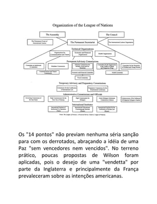 Os "14 pontos" não previam nenhuma séria sanção
para com os derrotados, abraçando a idéia de uma
Paz "sem vencedores nem vencidos". No terreno
prático, poucas propostas de Wilson foram
aplicadas, pois o desejo de uma "vendetta" por
parte da Inglaterra e principalmente da França
prevaleceram sobre as intenções americanas.
 